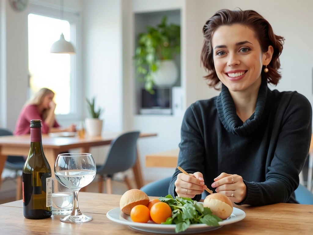 Glückliche Frau genießt gesunde Mahlzeit
