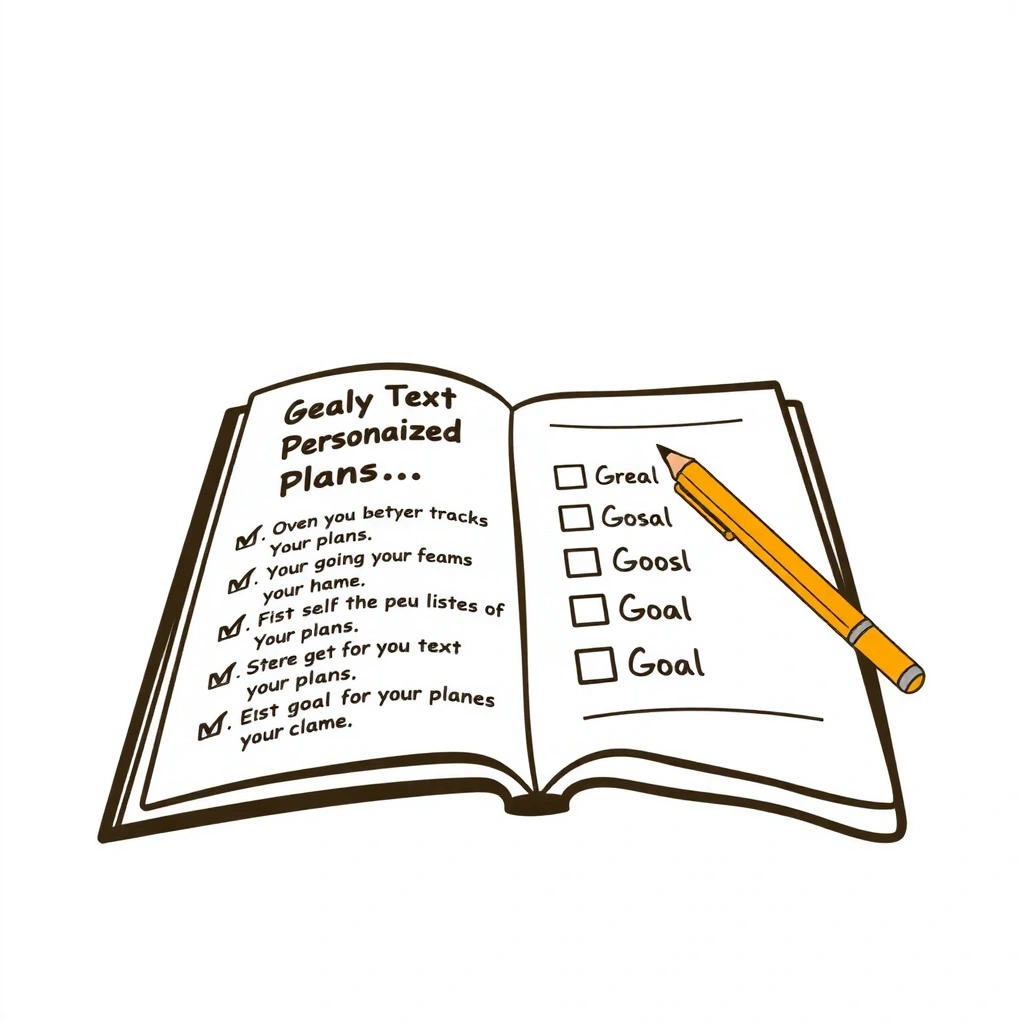 Symbol eines offenen Notizbuches mit Stift und Checkliste, repräsentiert personalisierte Ernährungspläne.