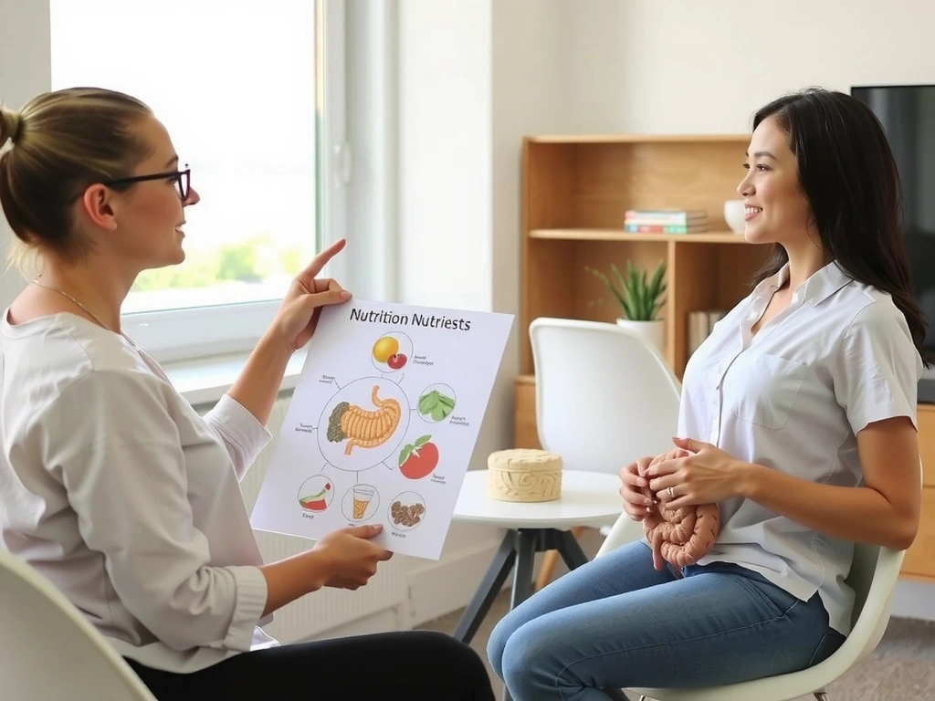 Ernährungsberaterin erklärt ein Modell des Verdauungssystems während einer Beratung